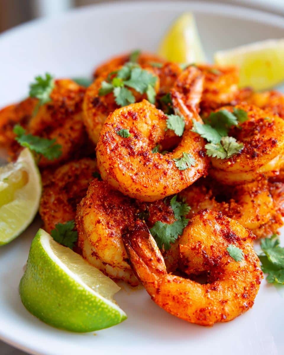 Close-up of a white plate filled with vibrant orange spicy air fryer shrimp, garnished with fresh cilantro and lime wedges.
