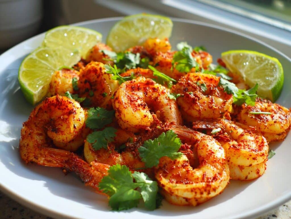 A white plate filled with perfectly cooked spicy air fryer shrimp, garnished with fresh cilantro and lime wedges.