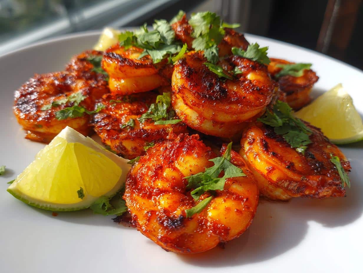 A close-up of a white plate piled high with perfectly cooked spicy air fryer shrimp, garnished with fresh cilantro and lime wedges.