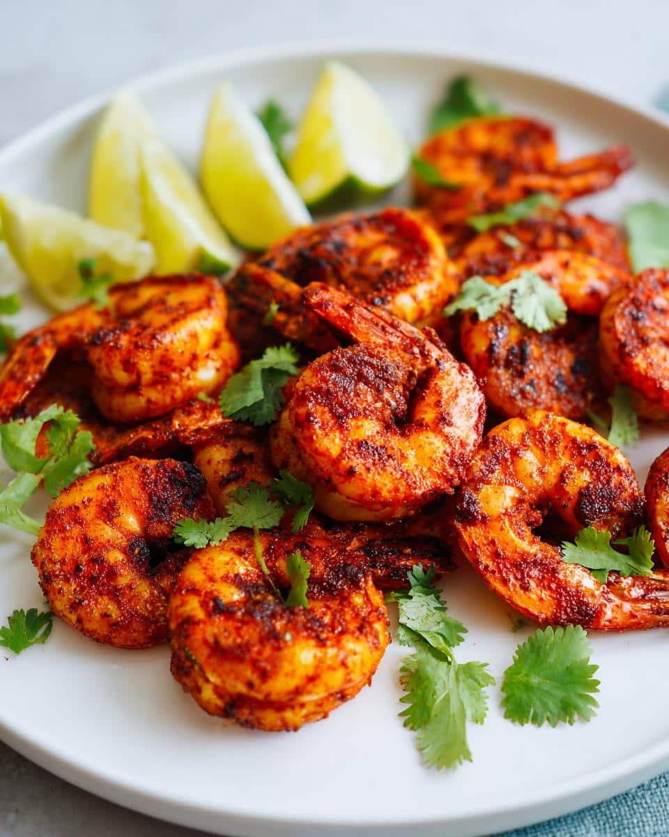 A white plate piled high with perfectly cooked spicy air fryer shrimp, garnished with fresh cilantro and lime wedges.