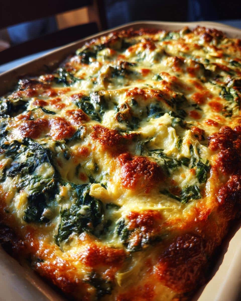 Close-up of a freshly baked spinach artichoke dip recipe in a baking dish, with golden brown, bubbly cheese topping.