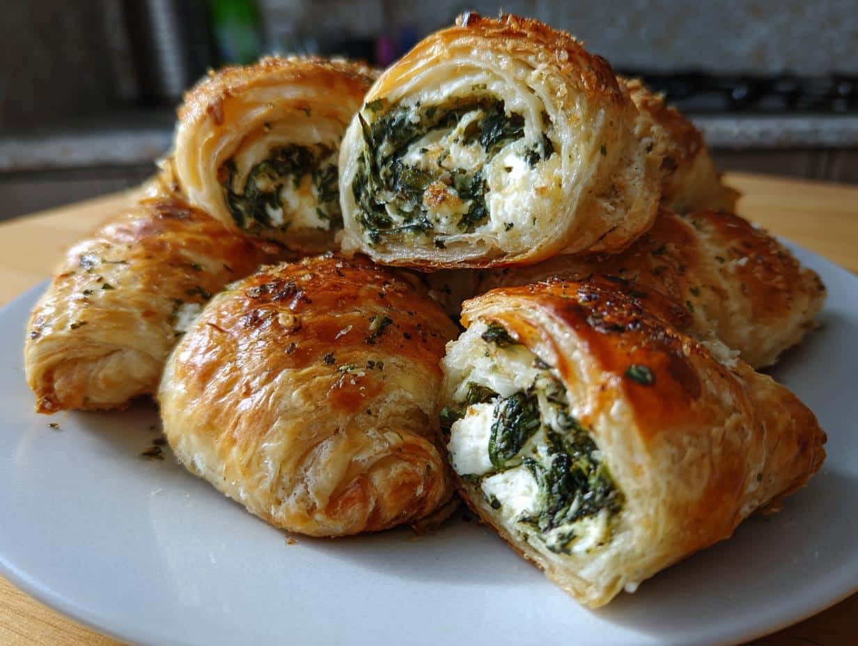 A close-up of golden brown spinach rolls with puff pastry, showing the creamy spinach and feta filling.