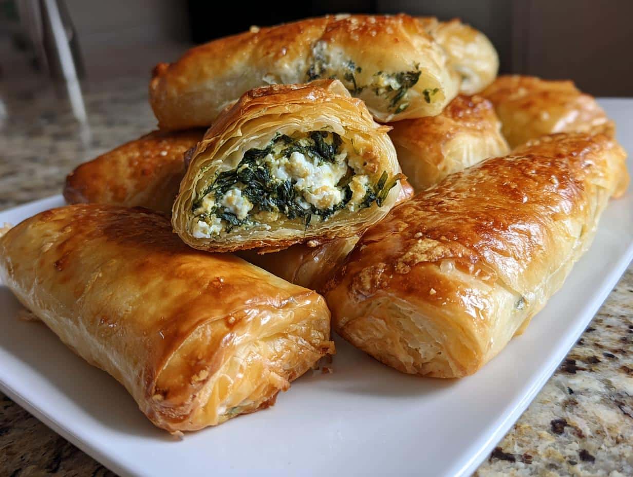 A plate of golden brown spinach rolls with puff pastry, one cut open to show the creamy spinach and feta filling.