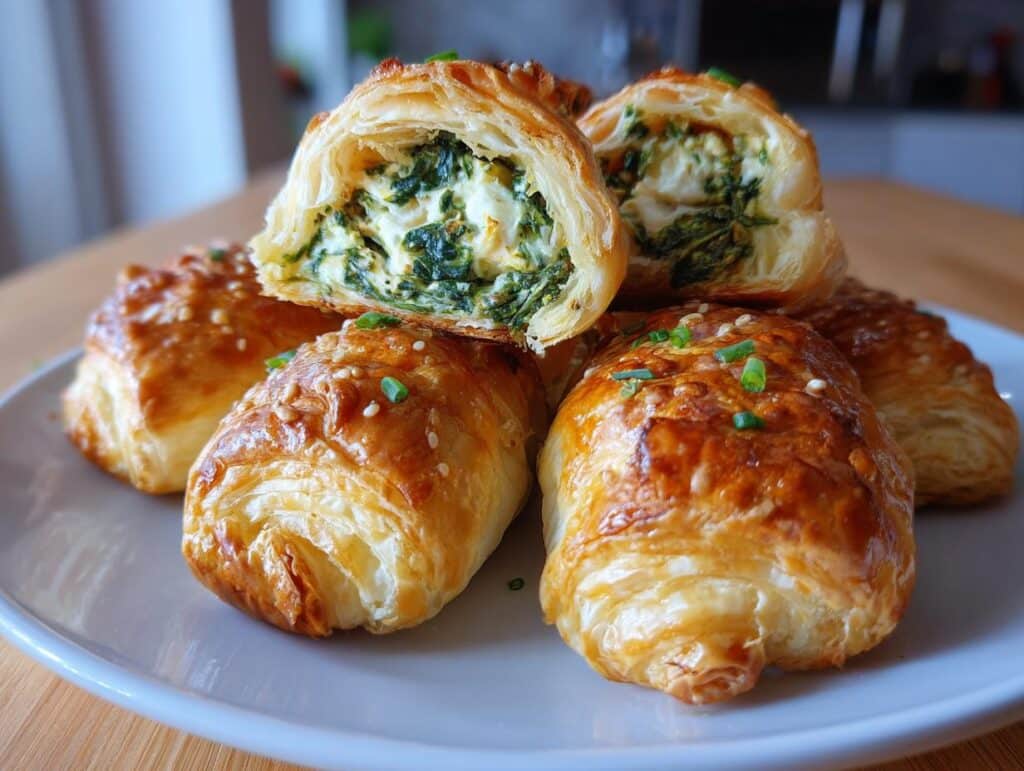 A plate of golden brown spinach rolls with puff pastry, one cut open to show the creamy spinach filling, garnished with chives and sesame seeds.