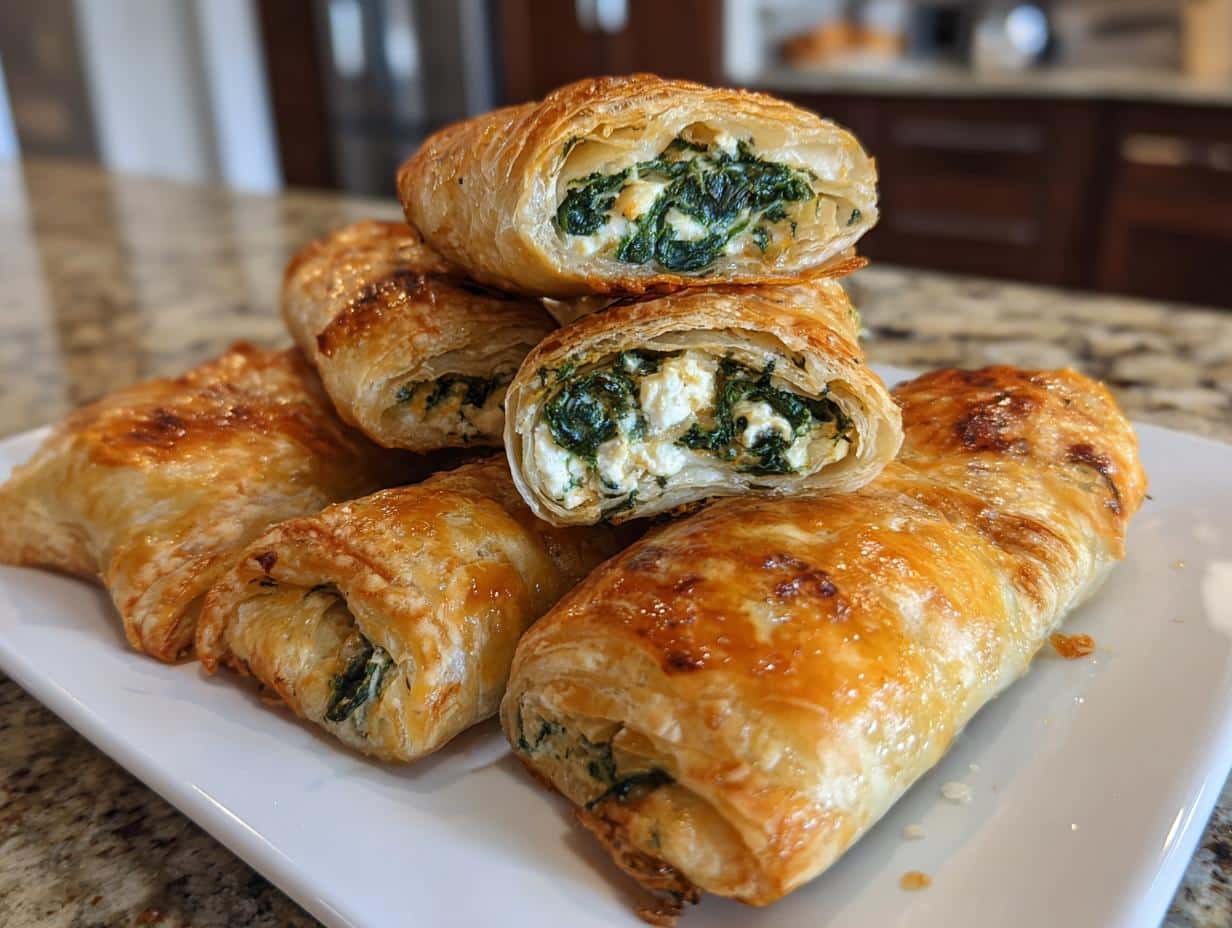 A stack of golden brown spinach rolls with puff pastry, one cut open to show the spinach and feta filling.