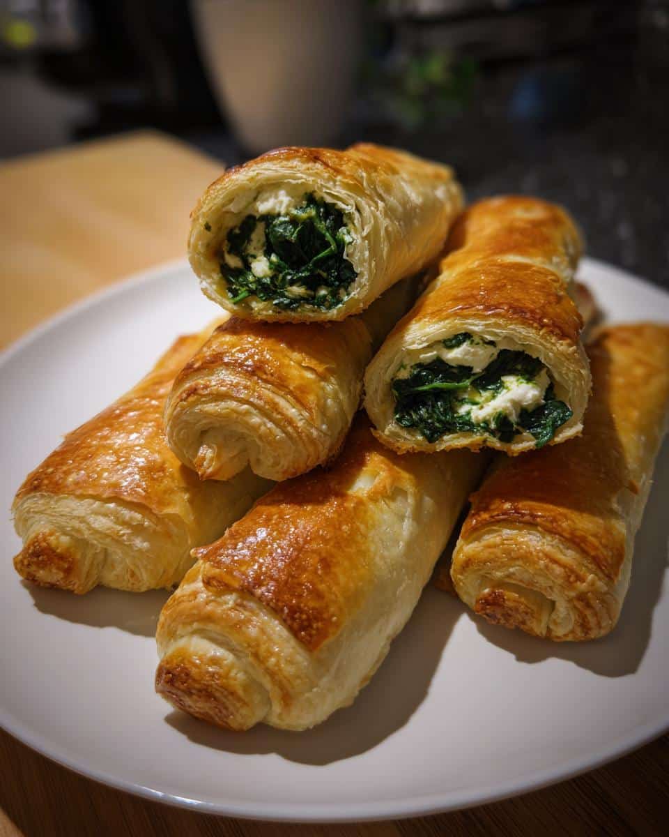 A stack of golden brown spinach rolls with puff pastry on a white plate, one roll cut open to show the creamy spinach filling.