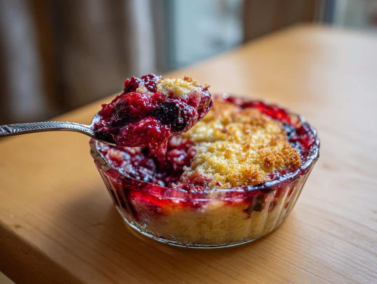 A spoonful of warm, bubbling easy dessert ideas berry crumble being lifted from a glass dish, showing the fruit and golden topping.