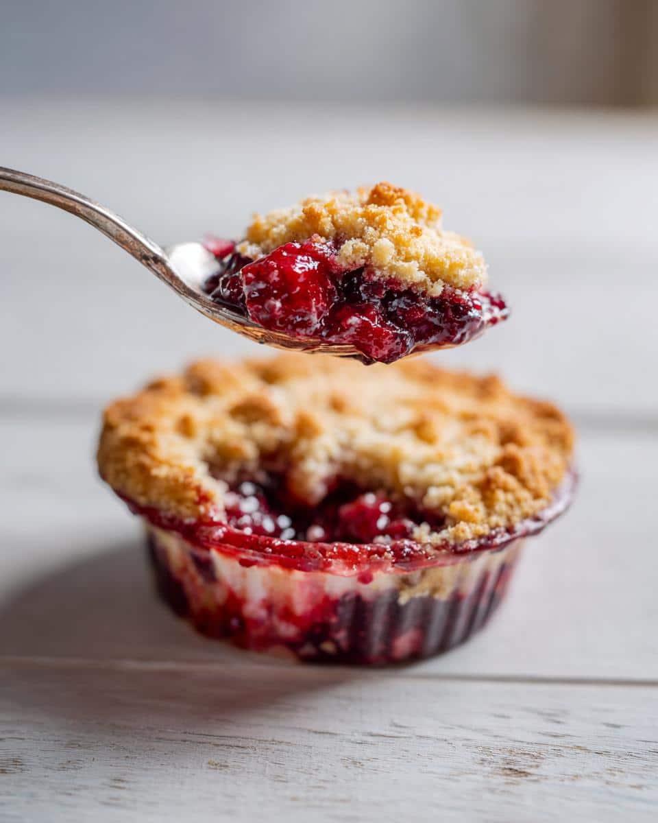 A spoon lifting a delicious spoonful of easy dessert ideas berry crumble, showing the juicy berry filling and golden crumble topping.