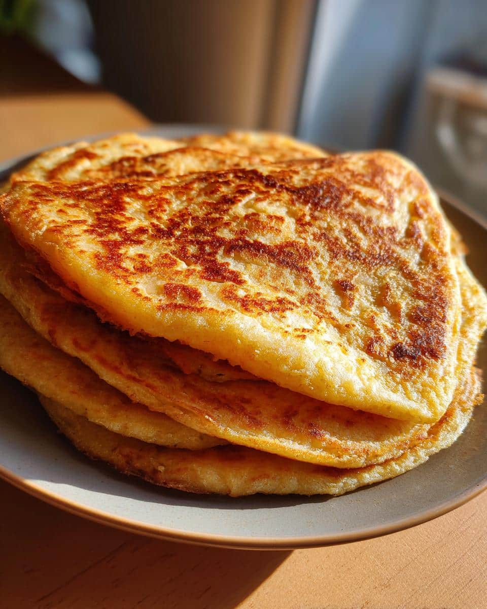 A close-up stack of golden-brown 5 ingredient gluten free flatbread on a plate, with a slightly crispy texture.