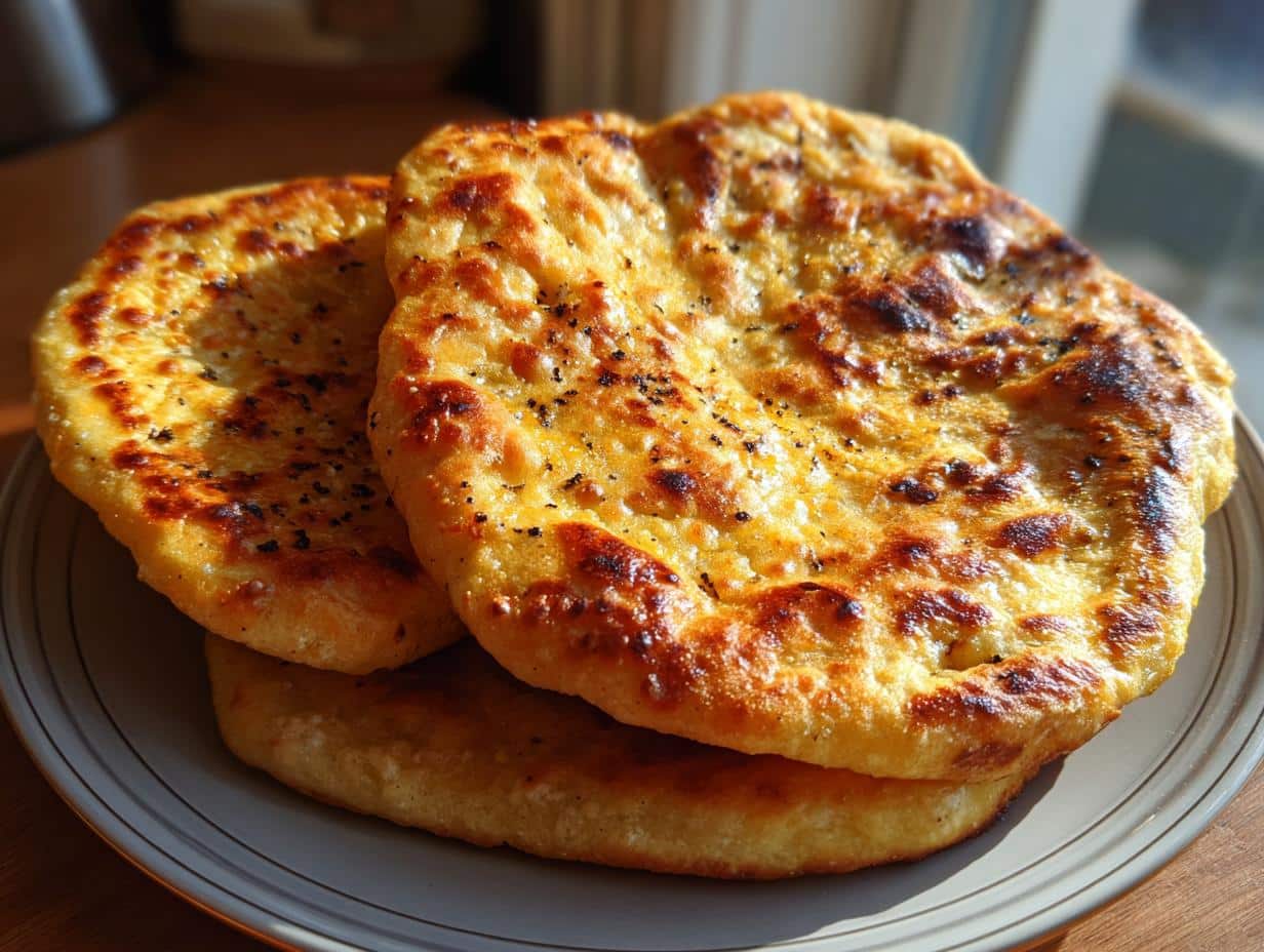A close-up of a stack of golden-brown 5 ingredient gluten free flatbread on a plate, sprinkled with herbs.