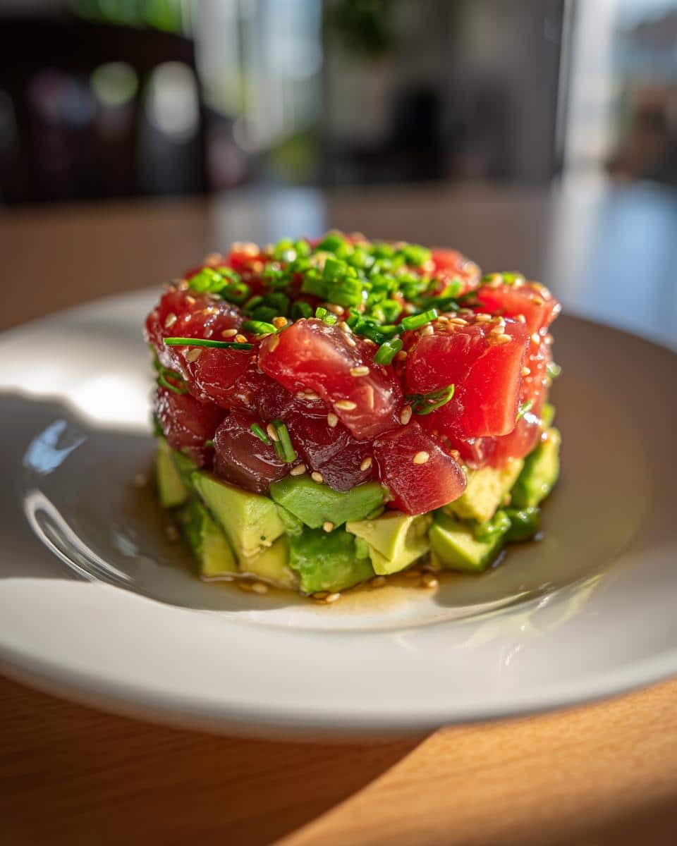 A beautifully stacked 15-Minute Tuna Tartare with diced avocado, topped with fresh chives and sesame seeds.