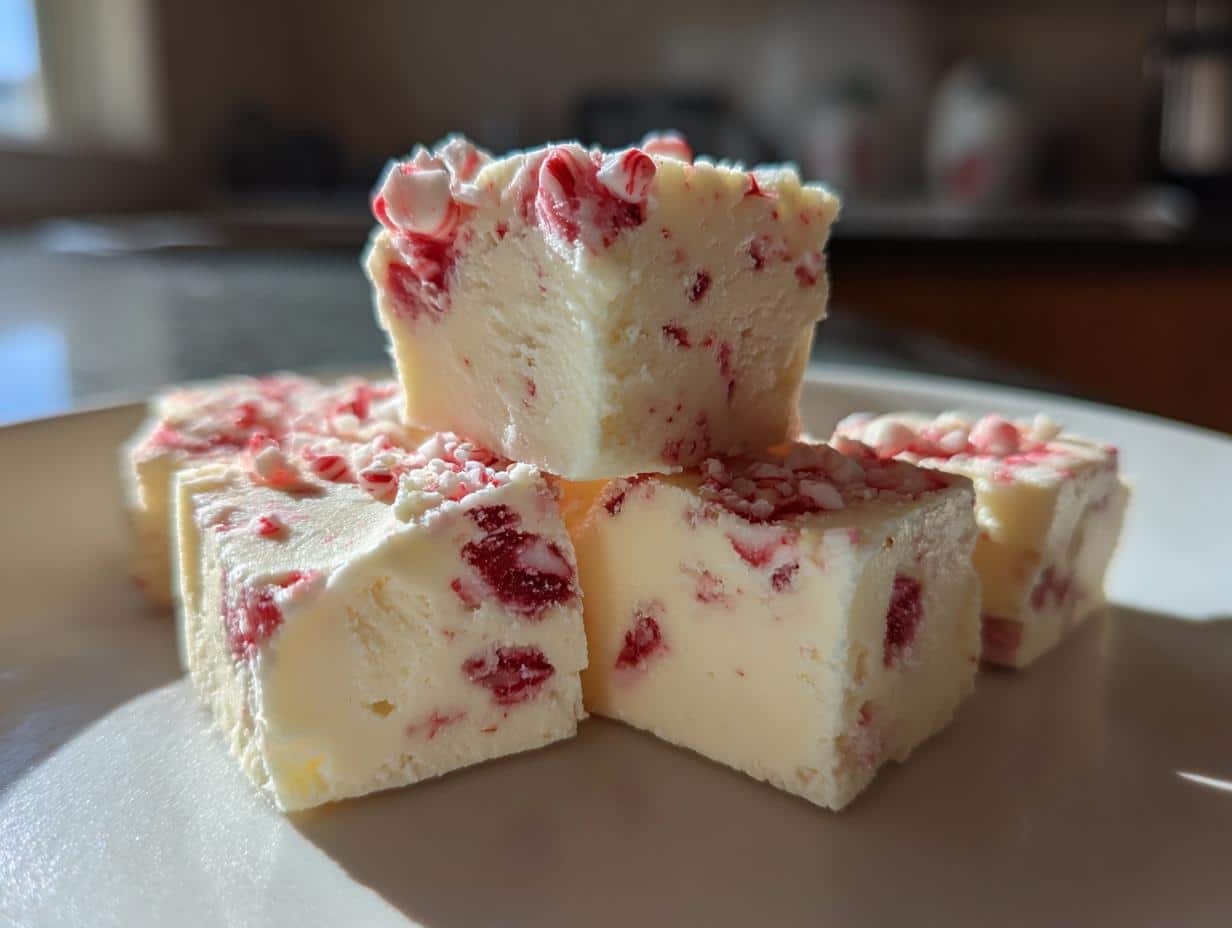 Close-up of several squares of classic peppermint fudge, one stacked on top, showing red peppermint pieces.