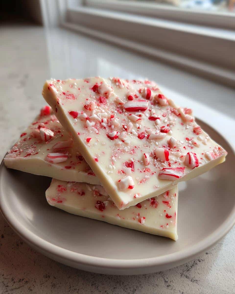 Three pieces of white chocolate peppermint bark stacked on a plate, topped with crushed candy canes for an easy peppermint bark recipe.