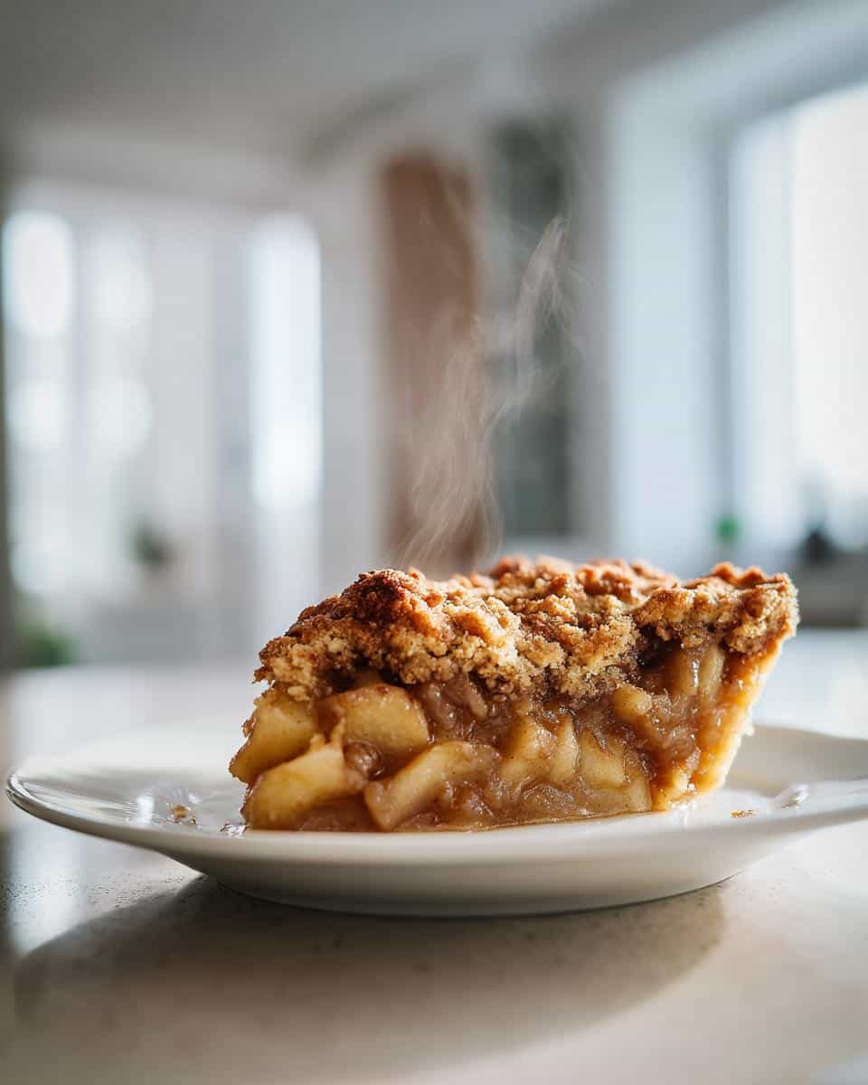 A warm, steaming slice of Easy Apple Crumble on a white plate, showing the golden-brown crumble topping and tender apple filling.
