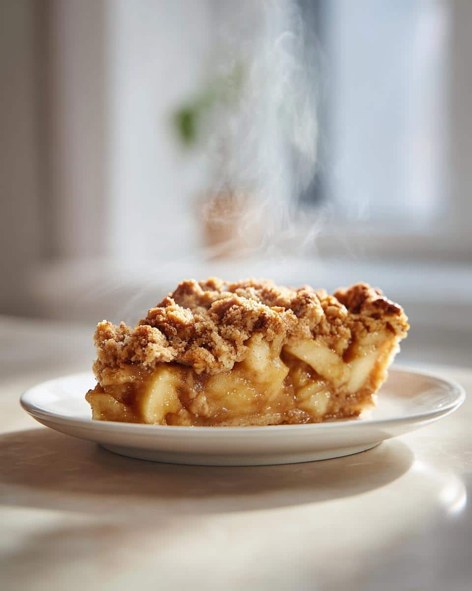 A close-up of a steaming hot slice of Easy Apple Crumble on a white plate, showing the golden-brown topping and apple filling.