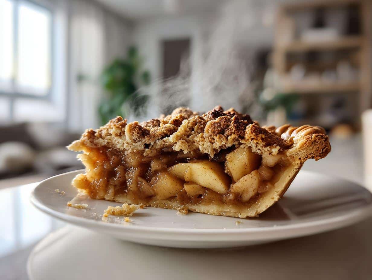 A close-up of a steaming hot slice of Easy Apple Crumble on a white plate, showing the apple filling and crumb topping.