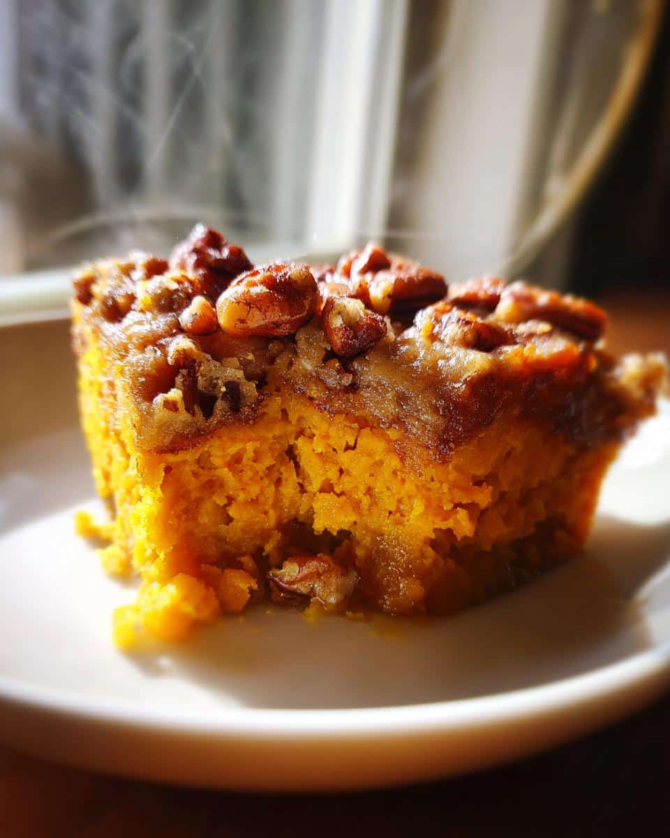A close-up of a steaming slice of southern sweet potato casserole with a pecan streusel topping on a white plate.