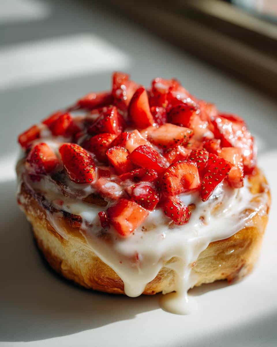A close-up of a single Strawberry Cheesecake Cinnabon Roll, topped with white icing and diced fresh strawberries.