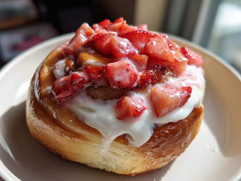 A close-up shot of a single Strawberry Cheesecake Cinnabon Roll on a light plate, topped with cream cheese frosting and fresh diced strawberries.