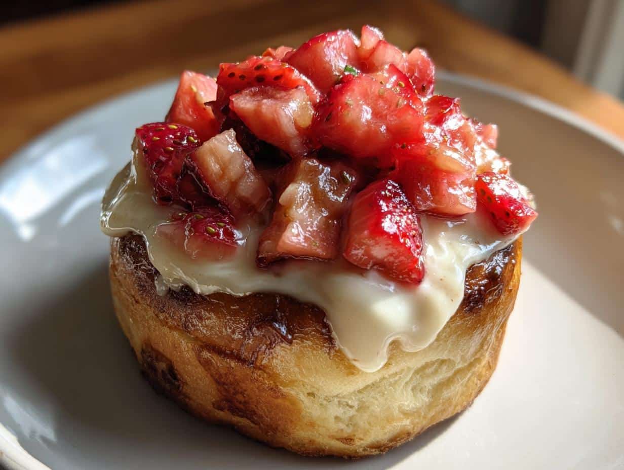 A close-up of a single Strawberry Cheesecake Cinnabon Roll topped with white frosting and fresh diced strawberries.