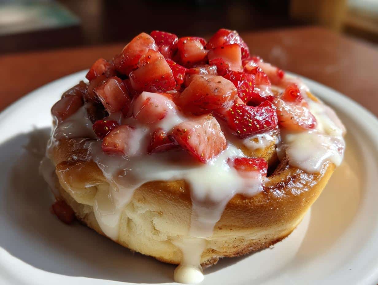 A delicious Strawberry Cheesecake Cinnabon Roll topped with white icing and fresh diced strawberries on a white plate.