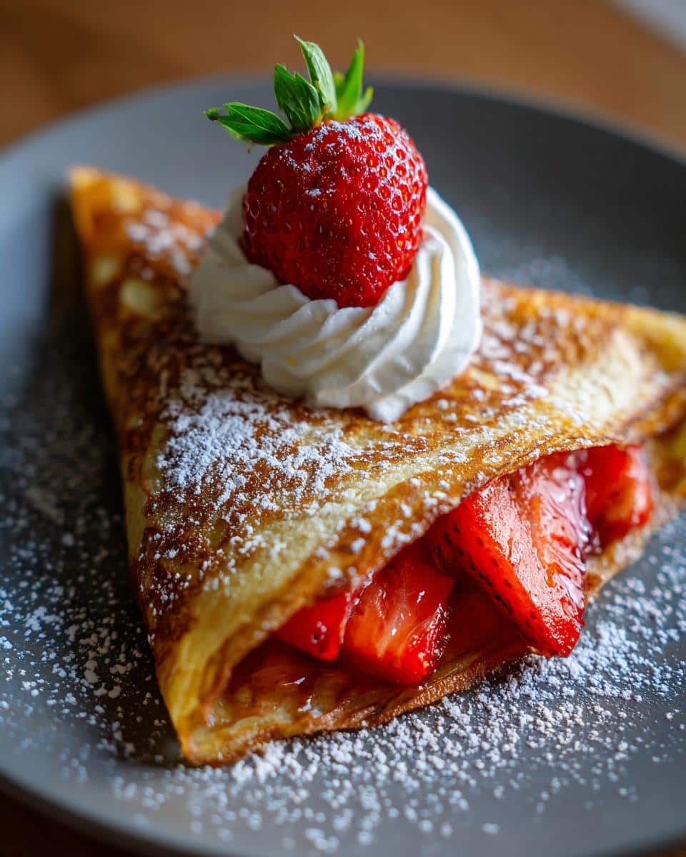 A beautifully folded gluten free French crepes filled with fresh strawberries, topped with whipped cream and a whole strawberry, dusted with powdered sugar.