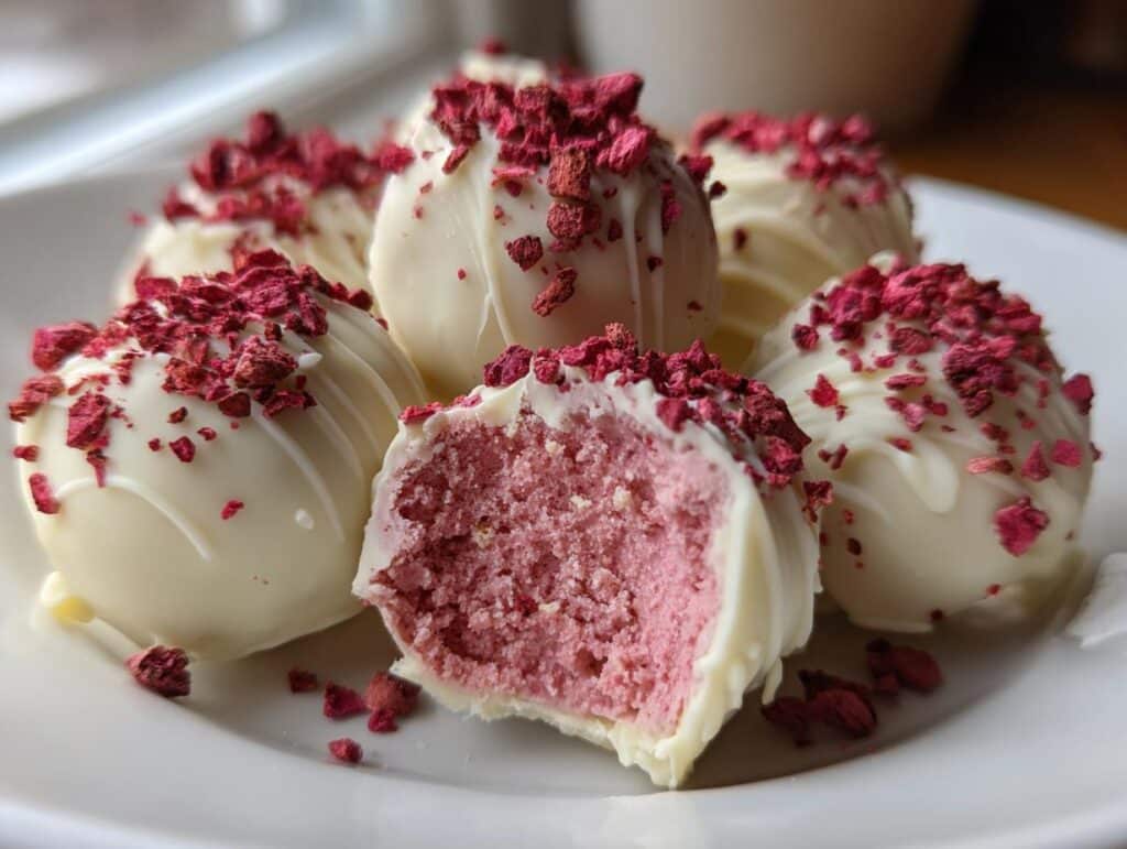 A close-up of Strawberry Velvet Cheesecake Truffles on a white plate, one truffle is cut in half revealing the pink interior.