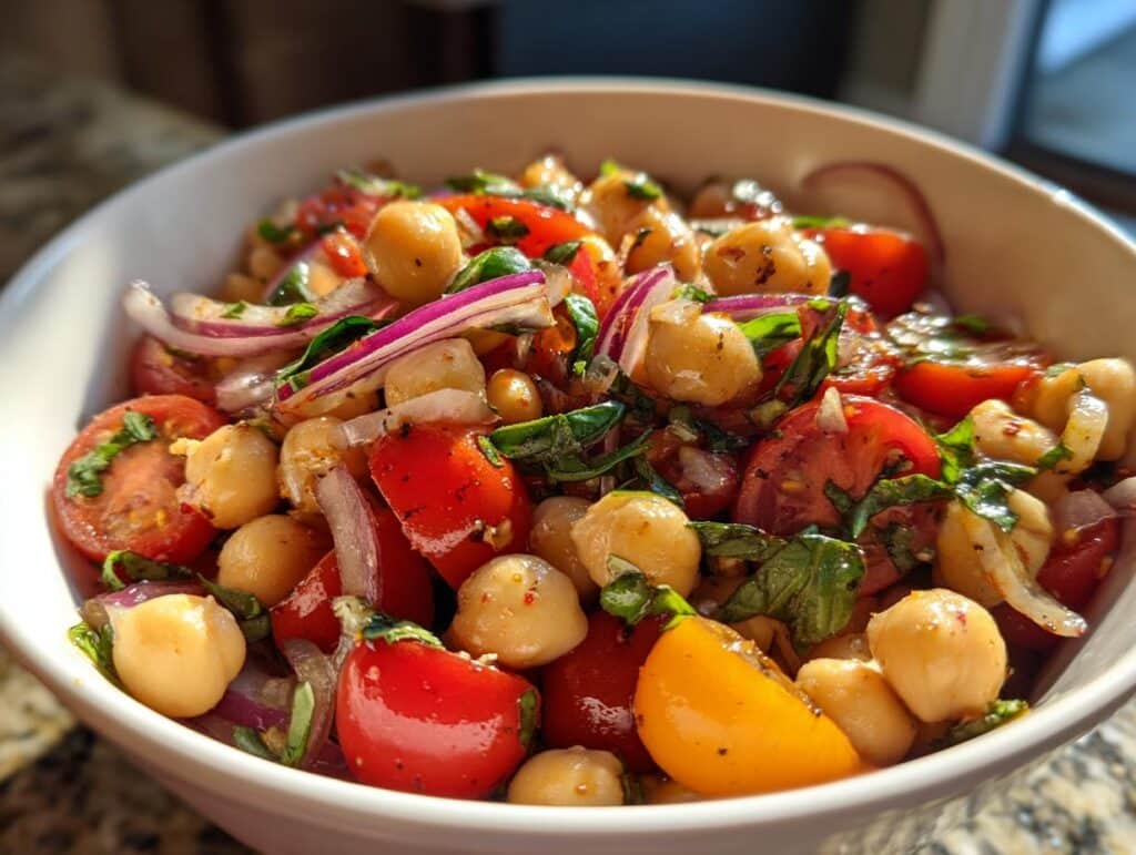Close-up of a colorful Summer Chickpea Salad in a white bowl, featuring chickpeas, halved cherry tomatoes, red onion, and fresh basil.
