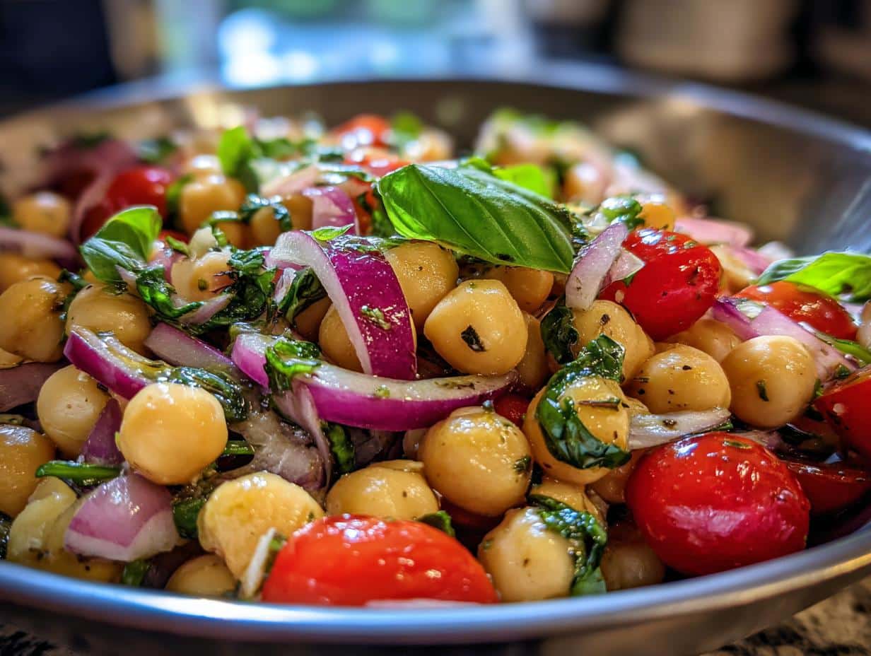 A vibrant close-up of Summer Chickpea Salad featuring chickpeas, cherry tomatoes, red onion, and fresh basil leaves.