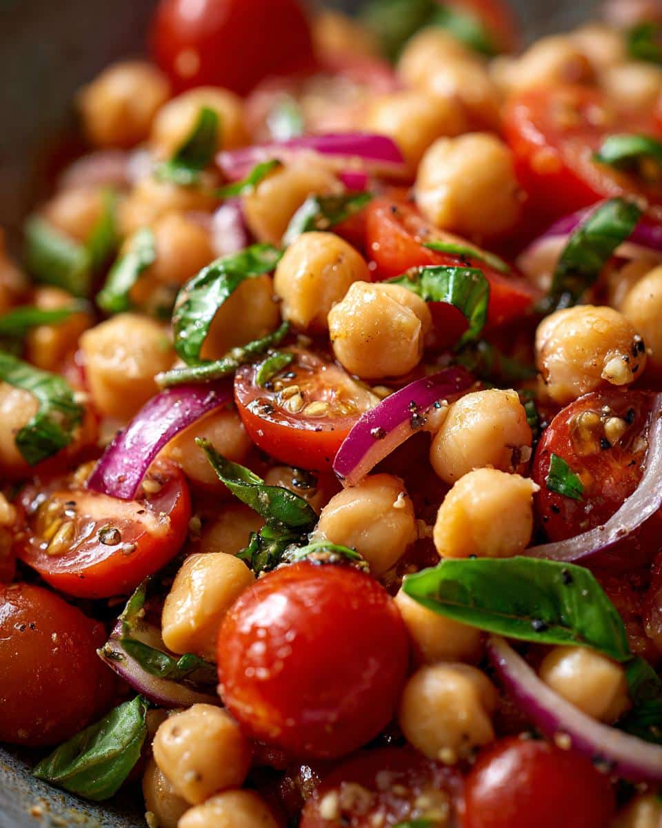 A vibrant close-up of Summer Chickpea Salad featuring chickpeas, halved cherry tomatoes, red onion slices, and fresh basil leaves.