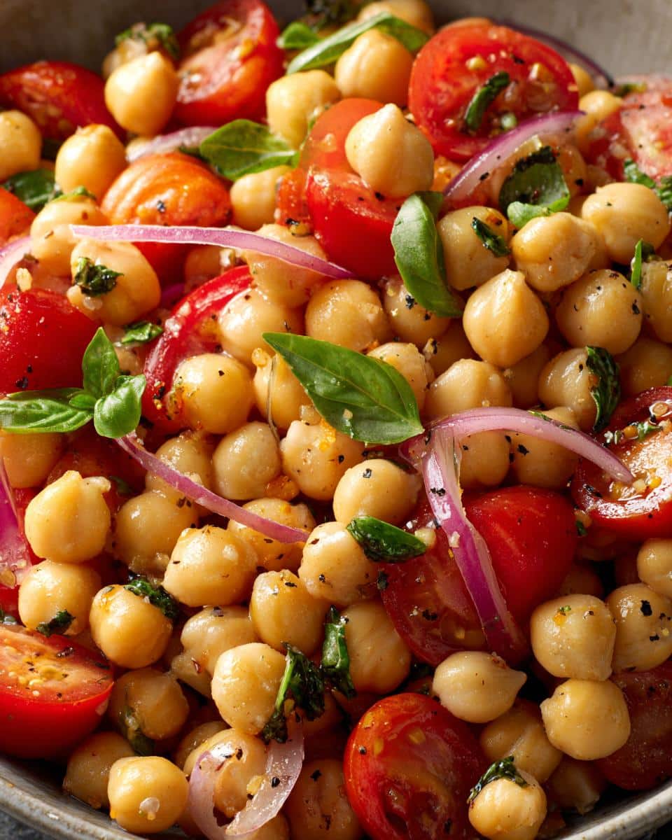A vibrant close-up of Summer Chickpea Salad featuring chickpeas, halved cherry tomatoes, red onion slices, and fresh basil leaves.