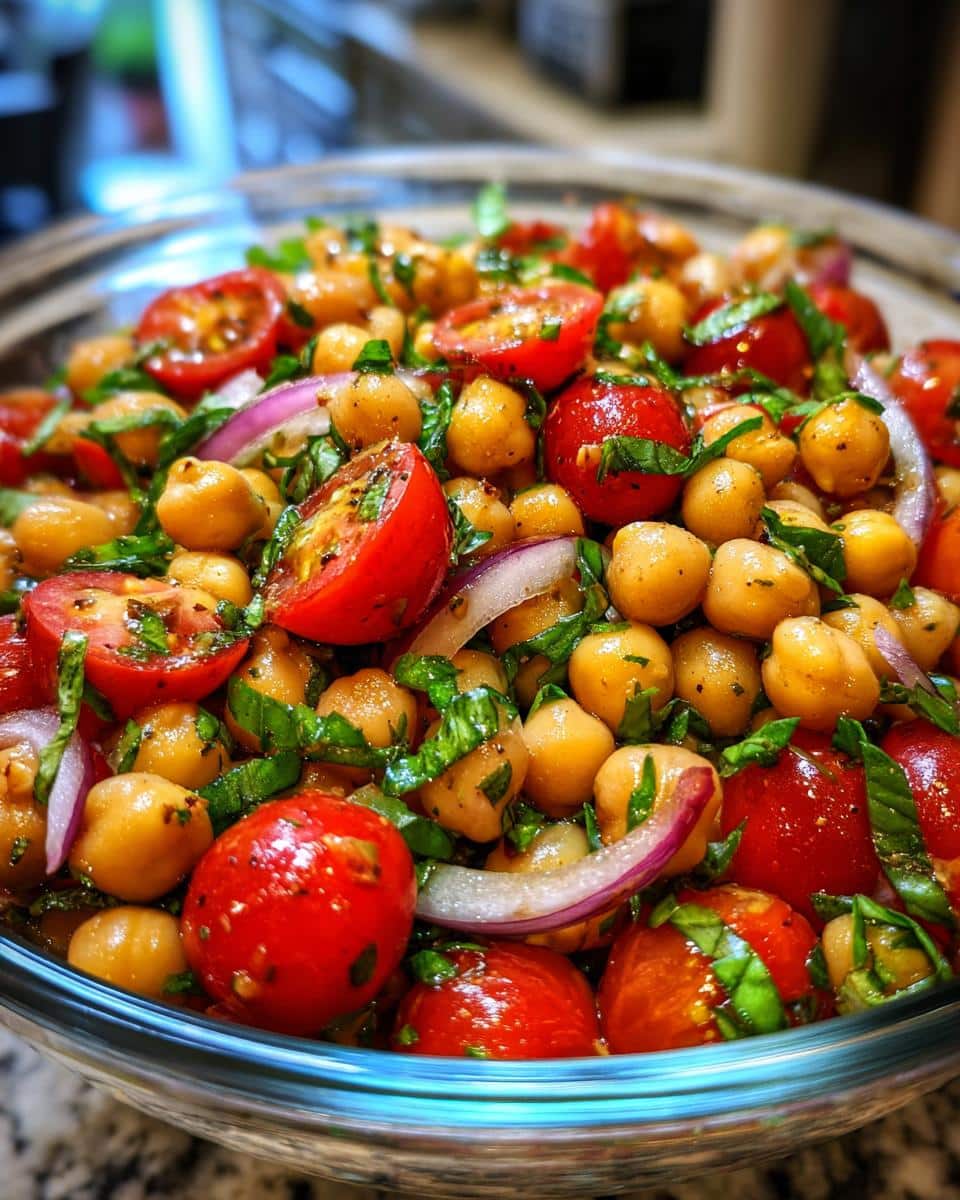 A vibrant close-up of Summer Chickpea Salad in a glass bowl, featuring chickpeas, halved cherry tomatoes, red onion, and fresh basil.