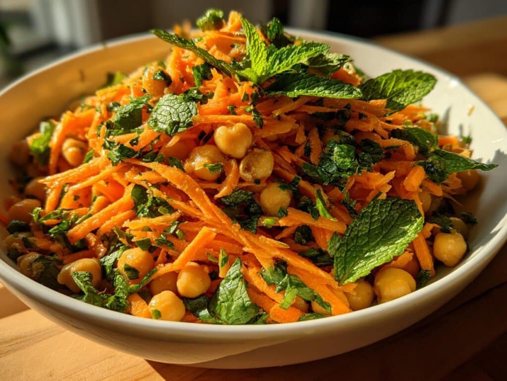 A vibrant bowl of Sunshine Moroccan Carrot & Chickpea Salad, garnished with fresh mint and cilantro.