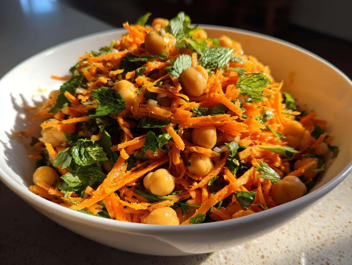 A vibrant white bowl filled with Sunshine Moroccan Carrot & Chickpea Salad, garnished with fresh mint and parsley.