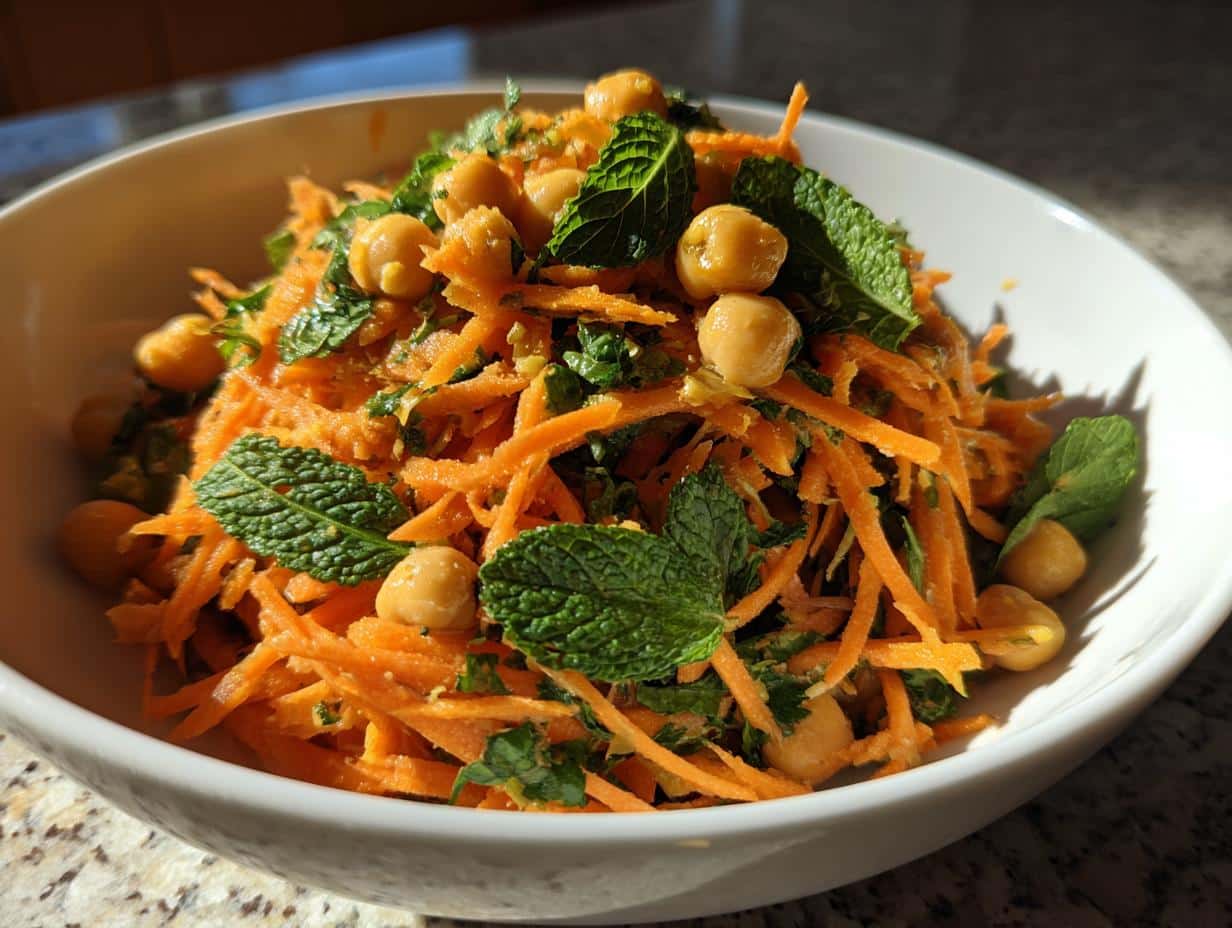 A close-up of a vibrant Sunshine Moroccan Carrot & Chickpea Salad in a white bowl, garnished with fresh mint leaves.