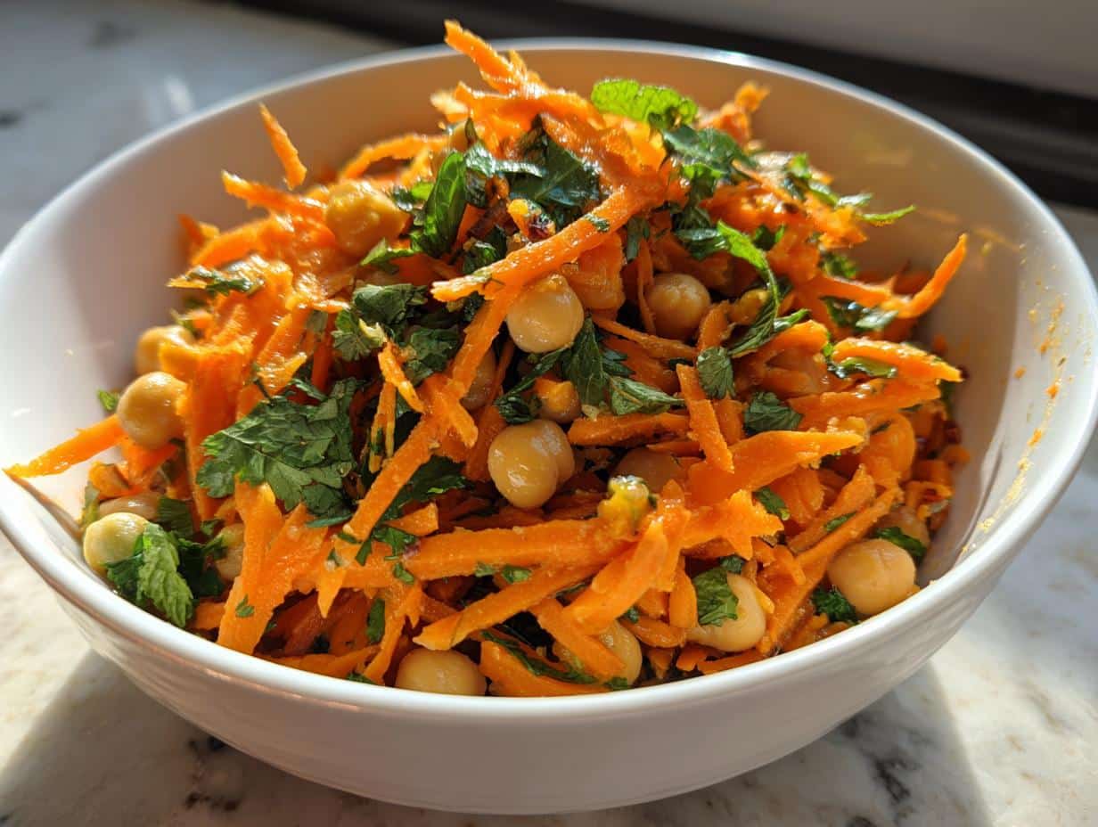 A close-up of a white bowl filled with vibrant Sunshine Moroccan Carrot & Chickpea Salad, garnished with fresh herbs.