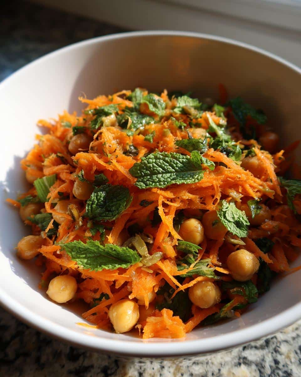 A vibrant close-up of Sunshine Moroccan Carrot & Chickpea Salad in a white bowl, garnished with fresh mint.