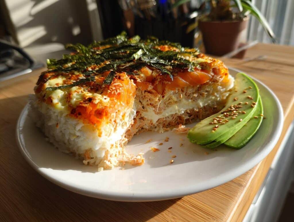 A slice of Sushi Bake on a plate, garnished with avocado and seaweed.