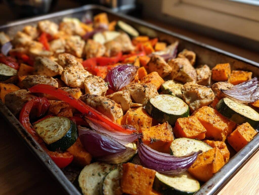 Roasted chicken and vegetables on a sheet pan for a Sustainable Sheet Pan Dinner. Includes zucchini, red pepper, onion, and sweet potato.
