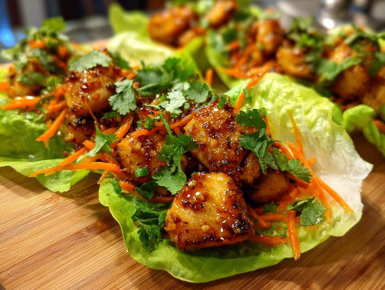 Close-up of vibrant Sweet Chili Chicken Wraps with lettuce, chicken, shredded carrots, and fresh cilantro.