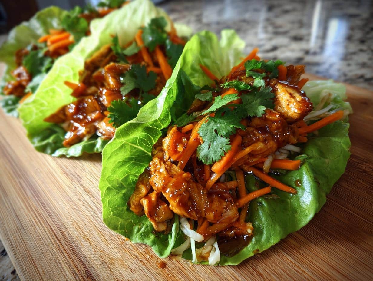 Three fresh Sweet Chili Chicken Wraps filled with chicken, shredded carrots, and cilantro on a wooden cutting board.