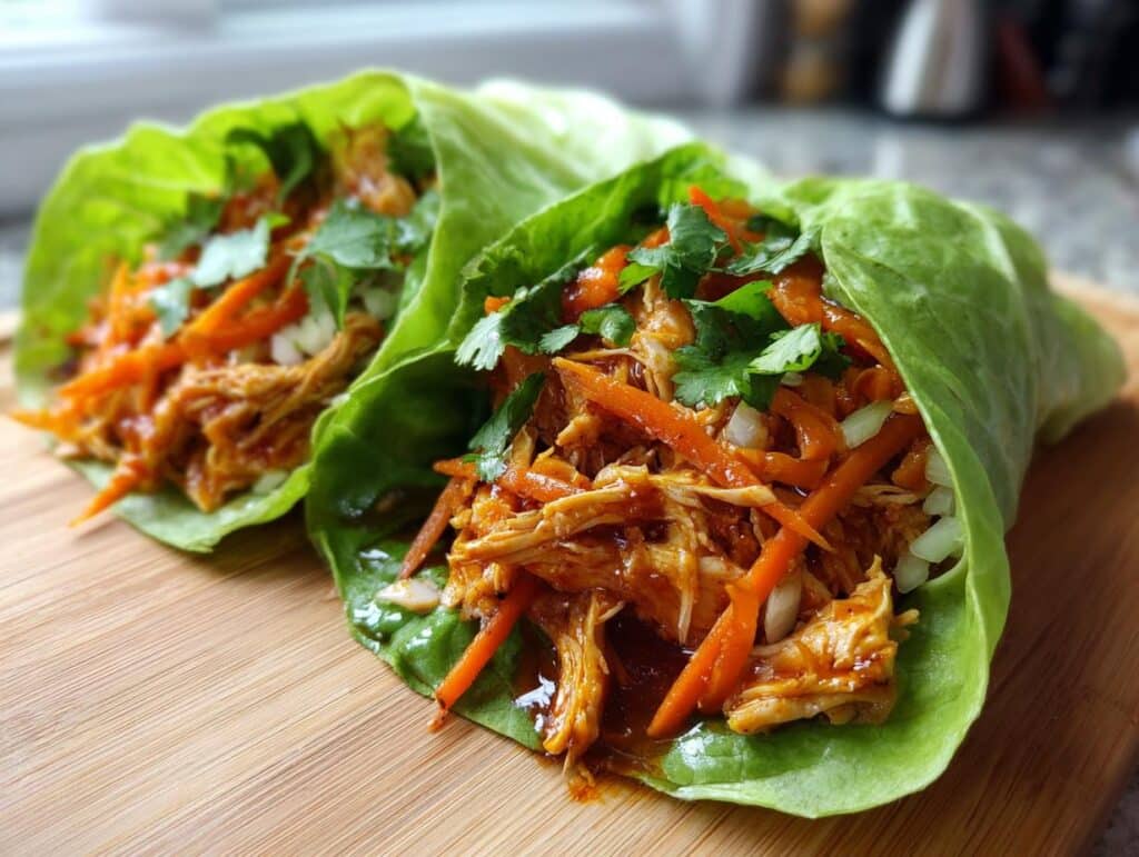 Two vibrant Sweet Chili Chicken Wraps filled with shredded chicken, carrots, and cilantro, served on a wooden board.