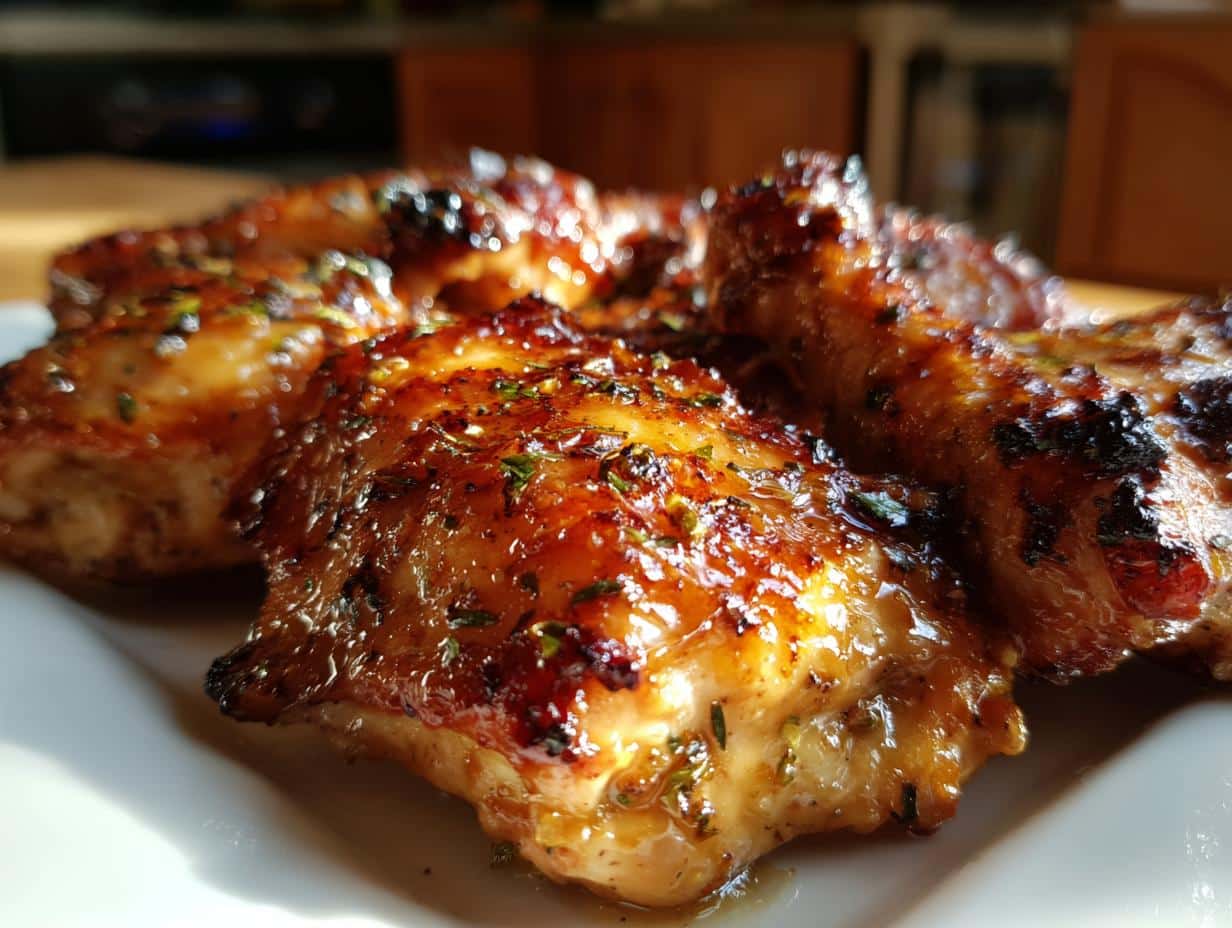 A close-up of glistening, golden-brown Tangy Honey Lime Chicken pieces on a white plate, sprinkled with herbs.