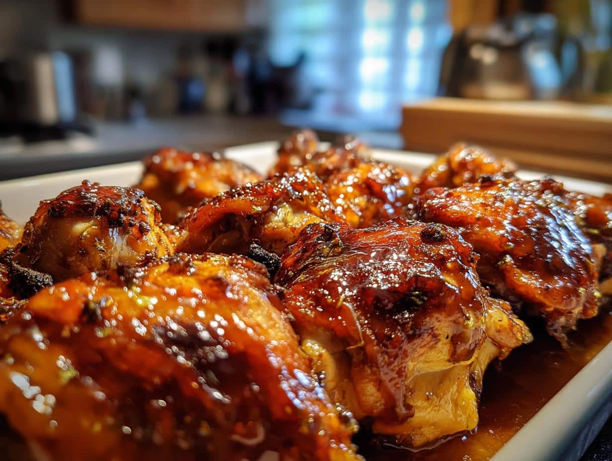 Close-up of glistening Tangy Honey Lime Chicken thighs in a white baking dish, showing the sticky glaze.
