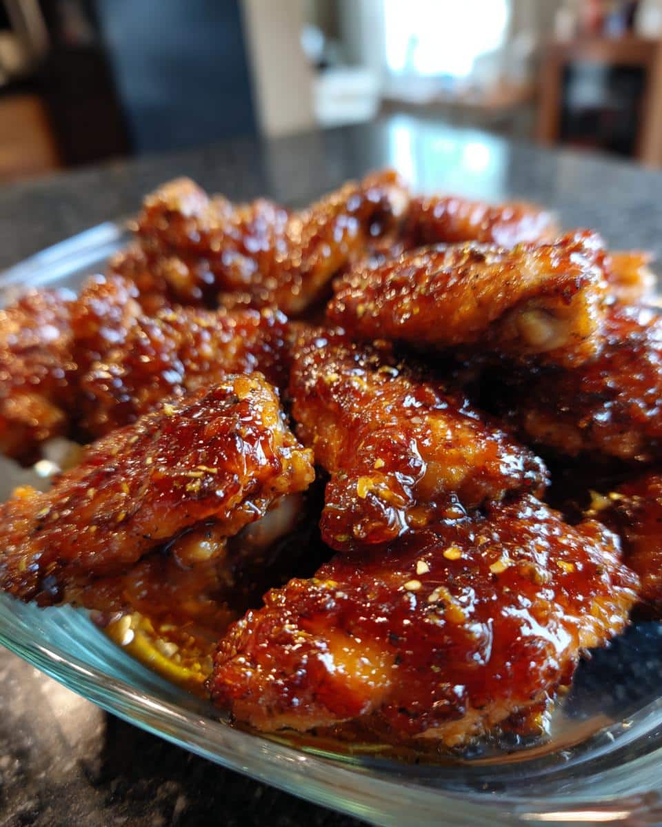 A close-up shot of several glistening Tangy Honey Lime Chicken wings in a clear glass bowl, coated in a rich, sticky sauce.