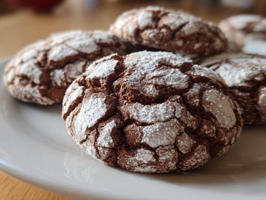 A close-up shot of several Tiramisu Crinkle Cookies on a white plate, dusted with powdered sugar.
