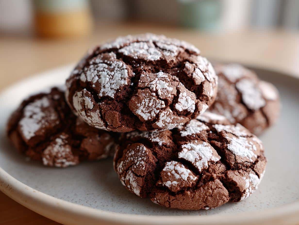 A close-up of several Tiramisu Crinkle Cookies on a light-colored plate, dusted with powdered sugar.
