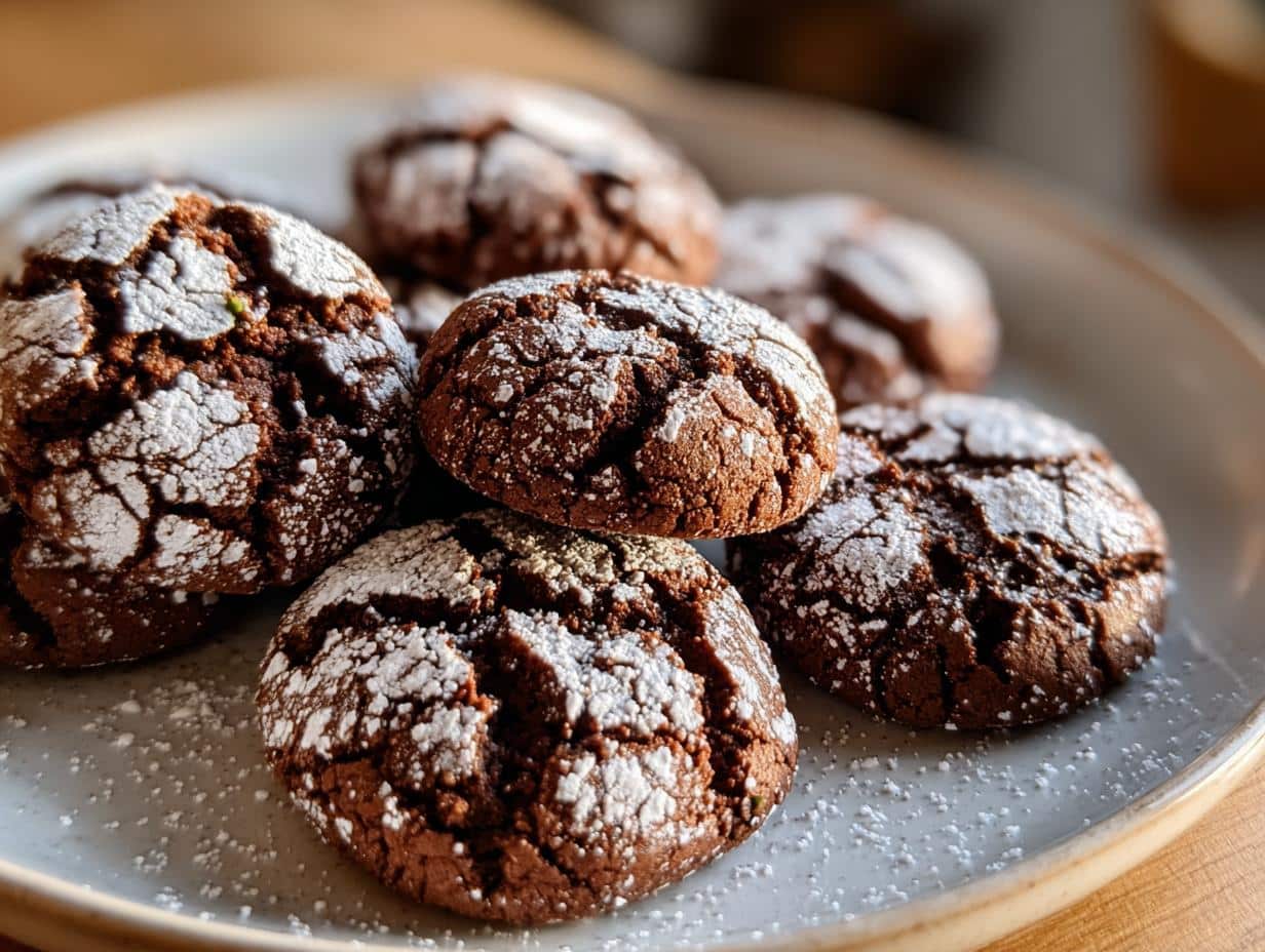 A close-up of several dark brown Tiramisu Crinkle Cookies dusted with powdered sugar, on a light grey plate.