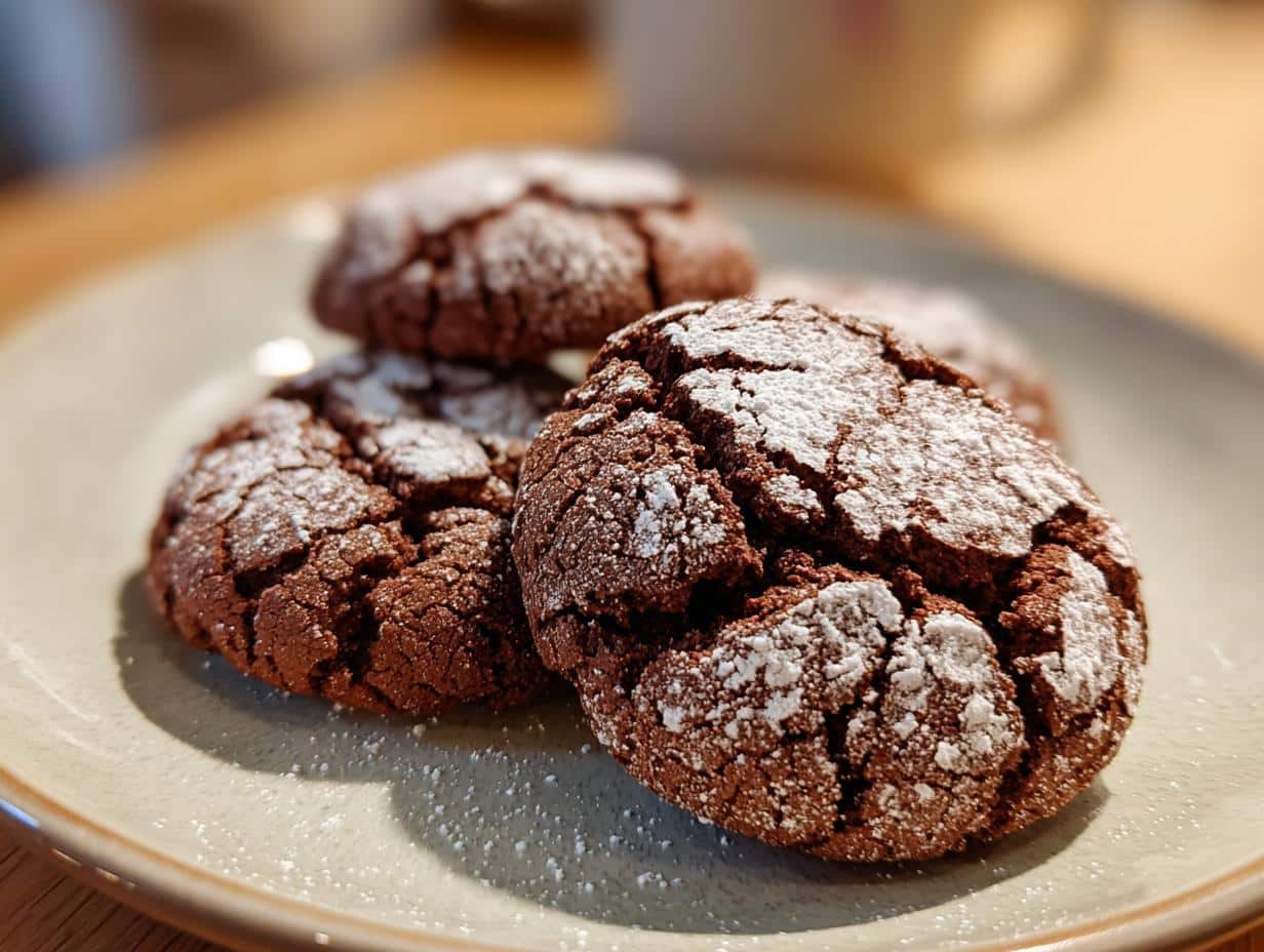 A close-up of several Tiramisu Crinkle Cookies on a light-colored plate, dusted with powdered sugar.
