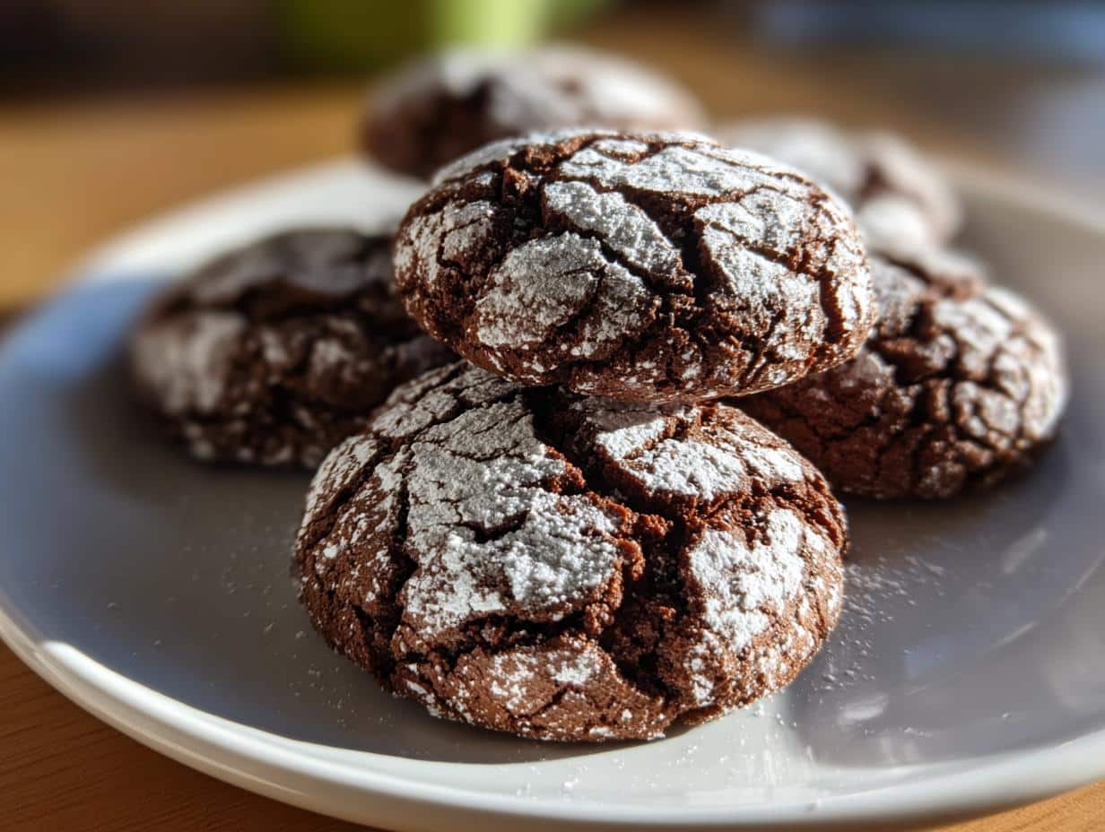 A close-up of a stack of Tiramisu Crinkle Cookies on a white plate, dusted with powdered sugar.